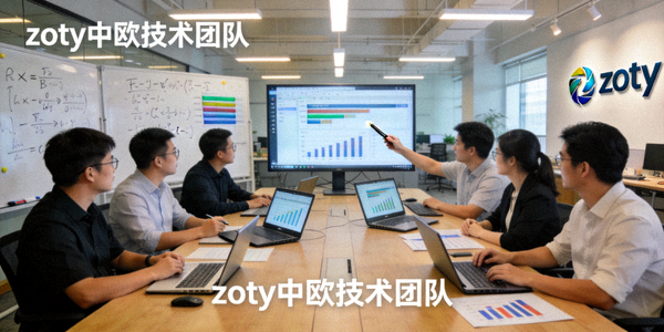 zoty中欧技术团队在办公室进行数据分析的场景